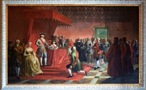 Reggia di Caserta - sala di alessandro anticamera per i non titolati affresco &bull;Gennaro Maldarelli L&rsquo;Abdicazione al trono di Carlo di Borbone a favore del figlio Ferdinando