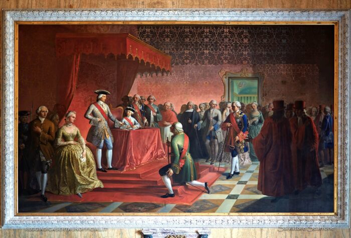 Reggia di Caserta - sala di alessandro anticamera per i non titolati affresco •Gennaro Maldarelli L’Abdicazione al trono di Carlo di Borbone a favore del figlio Ferdinando