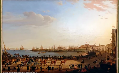 Reggia di Caserta - Prima Sala da lettura - dipinto La passeggiata di Ferdinando a Mergellina del 1827 - Antonio Veronese