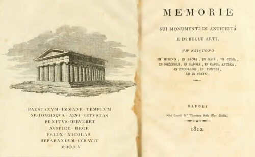 frontespizio libro paolini Memorie sui monumenti di antichità e di belle arti ch’esistono in Miseno, in Baoli,