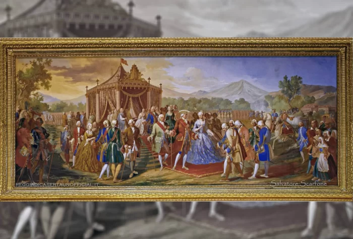 Reggia di Caserta sala del trono affresco soffitto impero cerimonia della posa della prima pietra