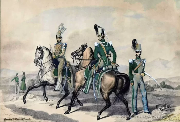 Reggia di Caserta - sala delle guardie disegno stampa antica con guardie reali di napoli