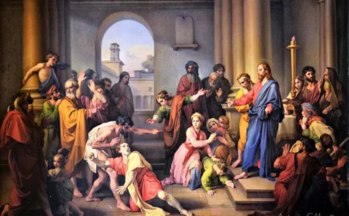 Reggia di Caserta stanza da letto di re francesco ii arredi dipinto Gesu guarisce l indemoniato - Raffaele Postiglione