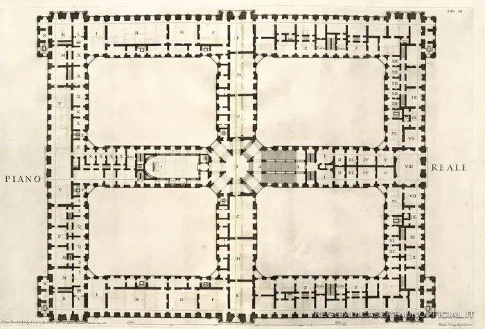 dichiarazione dei disegni del reale palazzo di caserta, opera di luigi vanvitelli. Pianta del piano reale con le sale reali - royal halls