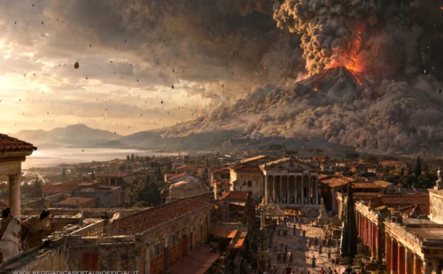 ricostruzione della citt&agrave; di pompei durante l'eruzione del vesuvio nel 79 dc