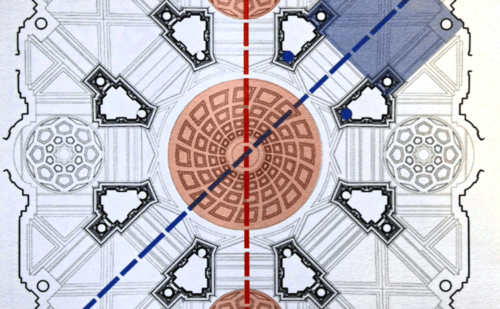 Pianta della volta del Vestibolo superiore. Notare come solo la parte centrale sia costituita da un ottagono perfetto, quella esterna no per poter ottenere spazi quadrati nella zona degli ingressi agli Appartamenti ed alla Cappella.